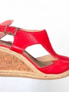 Red Leather Cutout Wedge Sandals with Ankle Buckle